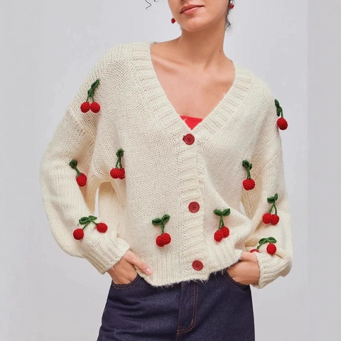 Vintage Women V-Neck Knit Cardigan Sweet 3D Cherry Decoration Single Breasted Loose Acrylic Long Sleeve Sweater Top