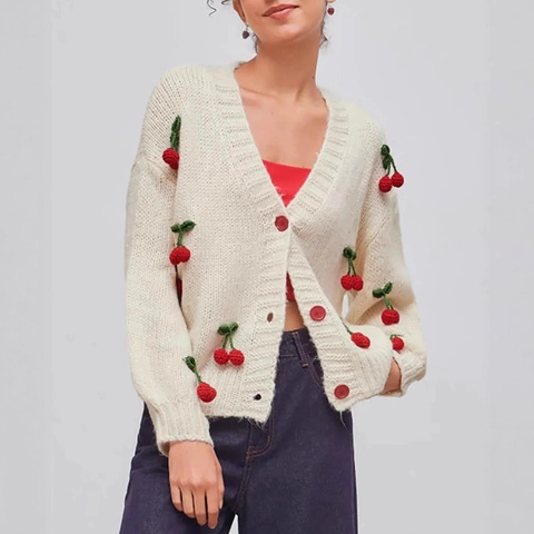 Vintage Women V-Neck Knit Cardigan Sweet 3D Cherry Decoration Single Breasted Loose Acrylic Long Sleeve Sweater Top