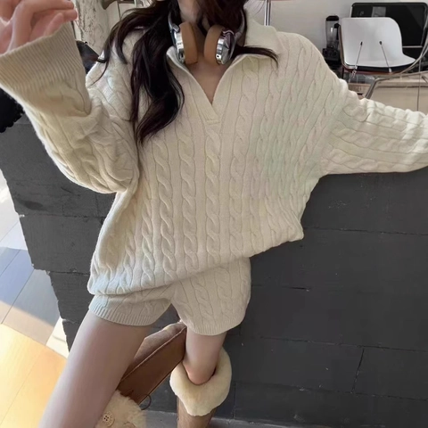 Damen Casual Zopfstrick Pullover Outfit V-Ausschnitt Revers Langarm Oberteil Und Shorts Einfarbig Lockerer Strickanzug