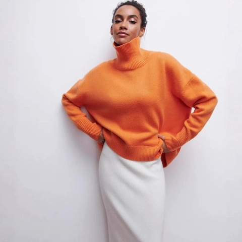 Women Casual Oversized High Neck Knit Sweater Solid Color Drop Shoulder Loose Pullover Jumper Autumn Winter Fashion Top