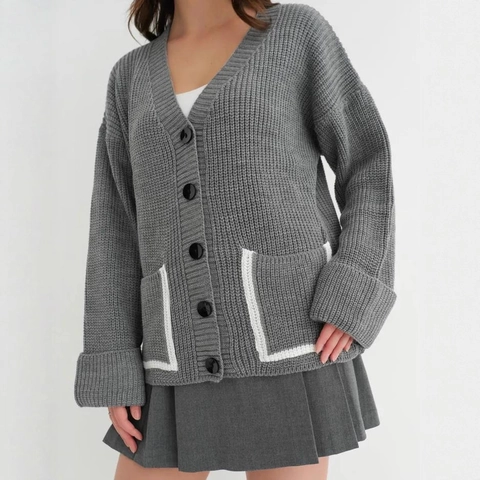 Damen Lockerer Strickjacke V-Ausschnitt Kontrastbesatz Geknöpfte Pullover Jacke Mit Taschen Lässige Grobstrick Oberbekleidung