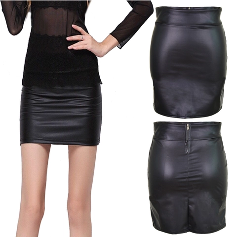 Falda Mini de Mujer Talle Alto Cuero Sintético Mate Ajustada Con Cremallera Sexy Color Sólido Bodycon Falda Corta PU