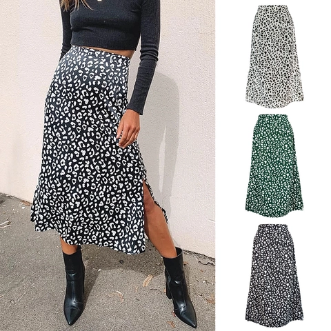 Jupe Midi en Mousseline Imprimé Léopard pour Femme Taille Haute Fente Latérale Ligne A Décontractée Jupe Longue Imprimée