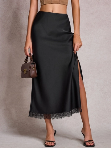 Women's Satin Midi Skirt Elegant Lace Hem Side Slit High Waist Elastic Silky Hip Wrap Long Skirt For Party Banquet