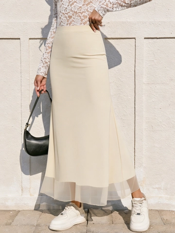 Elegant High Waist Mesh Stitching Fishtail Midi Skirt For Women Solid Color Elastic Waist Slim Fit Bodycon Pencil Skirt
