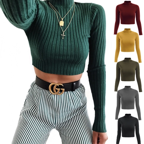 Dames Sexy Col Lange Mouw Crop Top Ribgebreid Polyestermix Slim Fit Effen Kleur T-Shirt Casual Herfst Blouse