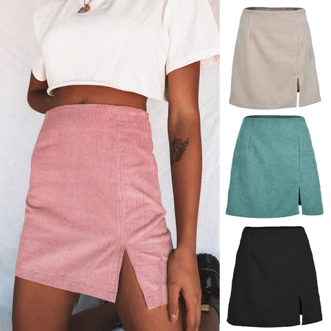 Gonna Mini in Velluto a Coste da Donna Vita Alta Linea a A Spacco Laterale Tinta Unita Moda Retrò Gonna Corta Casual