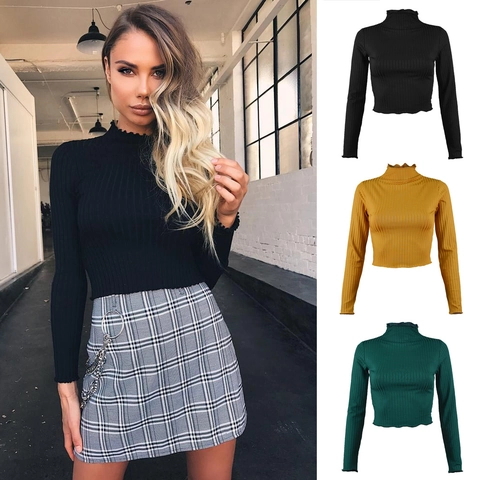 Dames Sexy Col Lange Mouw Crop Top Ribgebreid Polyestermix Slim Fit Effen Kleur T-Shirt Casual Herfst Blouse