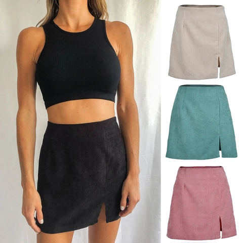 Gonna Mini in Velluto a Coste da Donna Vita Alta Linea a A Spacco Laterale Tinta Unita Moda Retrò Gonna Corta Casual