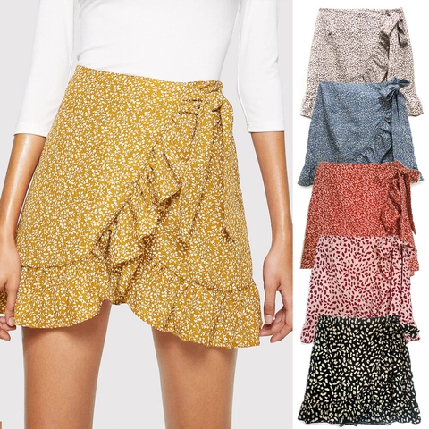 Falda de Tubo con Volantes de Cintura Alta para Mujer Estampado Floral de Leopardo Minifalda Irregular Boho Casual Verano