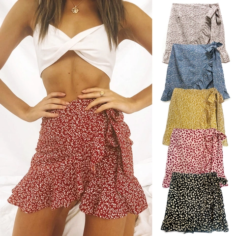Falda de Tubo con Volantes de Cintura Alta para Mujer Estampado Floral de Leopardo Minifalda Irregular Boho Casual Verano