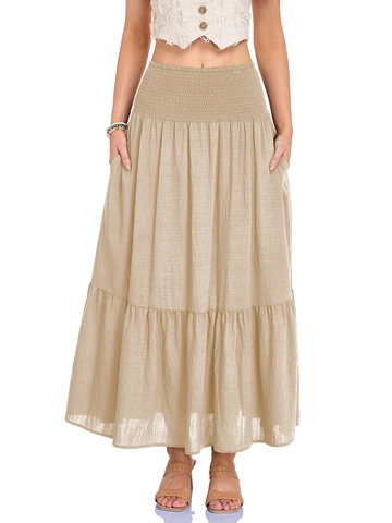 Falda Maxi de Mujer Cintura Alta Elástica Fruncida Escalonada Línea A Con Bolsillos Color Sólido Falda Larga Casual