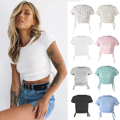 Women's Ribbed Knit Short Sleeve Crop Top Round Neck Drawstring Ruched Side T-Shirt Solid Color Ditsy Floral Print Casual Summer Tee