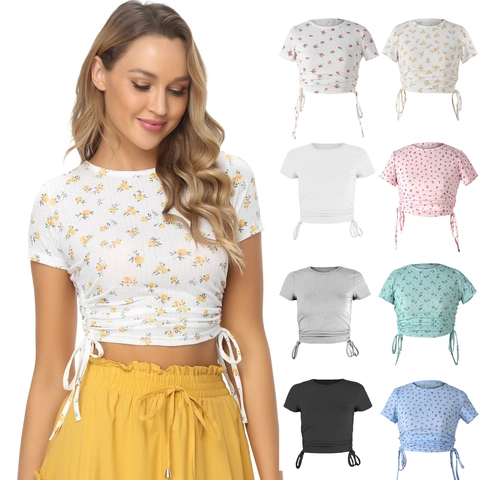 Women's Ribbed Knit Short Sleeve Crop Top Round Neck Drawstring Ruched Side T-Shirt Solid Color Ditsy Floral Print Casual Summer Tee