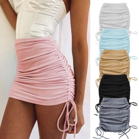 Damen Sexy Geraffter Minirock Mit Kordelzug Gerippter Strick Bodycon Verstellbare Hohe Taille Casual Sommer Kurzrock