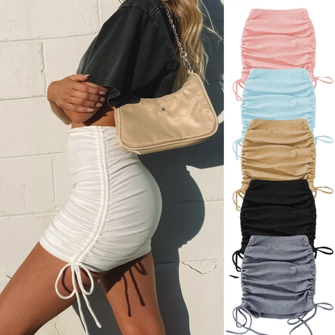 Minigonna Arricciata da Donna Con Coulisse in Maglia a Coste Bodycon Vita Alta Regolabile Gonna Corta Casual Estiva