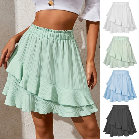 Women High Waist Ruffle Mini Skirt Irregular Tiered Hem Elastic Waist Solid Color Pleated Skirt Summer Beach Polyester Spandex