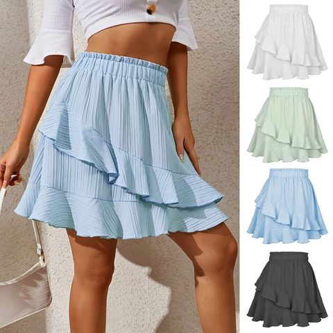 Women High Waist Ruffle Mini Skirt Irregular Tiered Hem Elastic Waist Solid Color Pleated Skirt Summer Beach Polyester Spandex