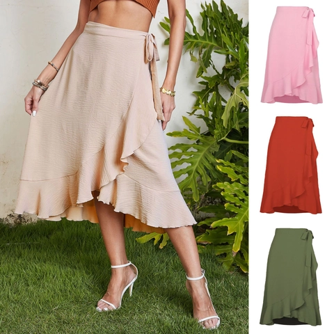 Women's Summer Wrap Ruffle Skirt High Waist Asymmetrical Solid Color Chiffon Midi Skirt For Vacation Beach Casual