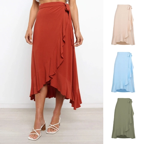 Women's Summer Wrap Ruffle Skirt High Waist Asymmetrical Solid Color Chiffon Midi Skirt For Vacation Beach Casual