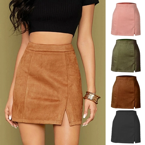 Women High Waist Faux Suede Bodycon Mini Skirt Zipper Back Side Slit A-Line Skirt Solid Color Leopard Snake Print Autumn Winter Short Skirt