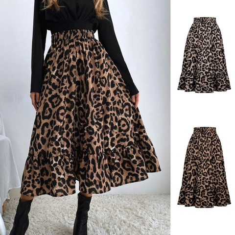 Damen Sexy Leopardenmuster Maxi Rock Hohe Taille Elastischer Smock Bund Chiffon Volant-Saum A-Linie Lässiger Langer Rock