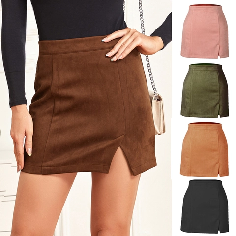 Women High Waist Faux Suede Bodycon Mini Skirt Zipper Back Side Slit A-Line Skirt Solid Color Leopard Snake Print Autumn Winter Short Skirt