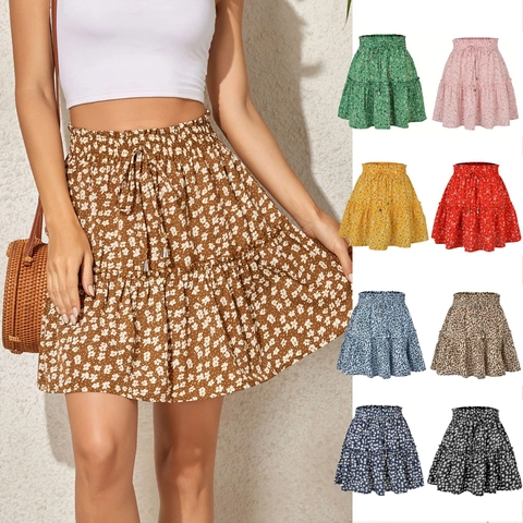 Mini-jupe Ligne A pour Femme Taille Haute Imprimé Floral avec Cordon de Serrage Taille Élastique Double Couche Volants Été Plage Vacances