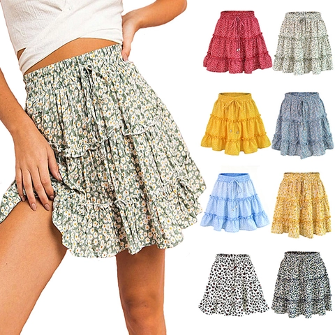 Dames High Waist Ruffle Bloemen Minirok Stufen A-lijn Strandrok Elastische Taille Zomer Casual Madeliefjes Print Rok