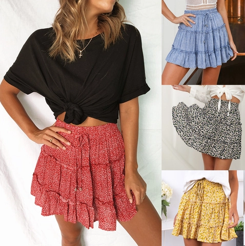 Dames High Waist Ruffle Bloemen Minirok Stufen A-lijn Strandrok Elastische Taille Zomer Casual Madeliefjes Print Rok