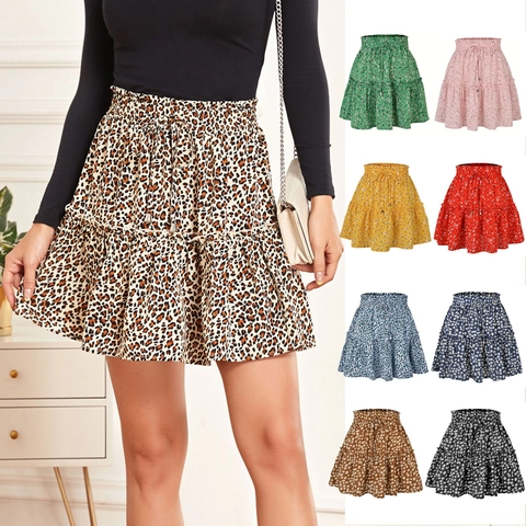 Mini-jupe Ligne A pour Femme Taille Haute Imprimé Floral avec Cordon de Serrage Taille Élastique Double Couche Volants Été Plage Vacances