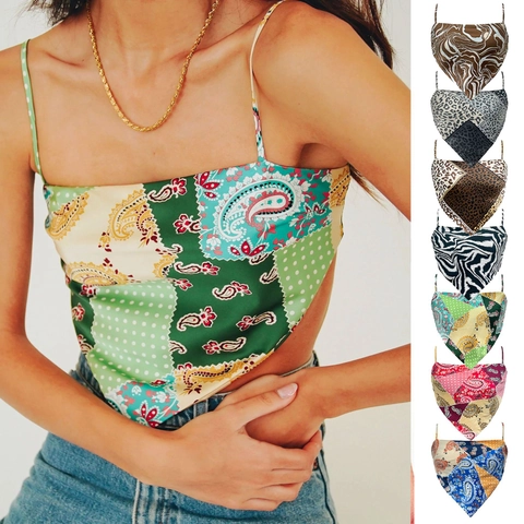 Damen Satin Paisley Leopardenmuster Bandana Cami Top Sexy Spitzer Saum Spaghetti-Träger Rückenfrei Bow Tie Crop Tank Top