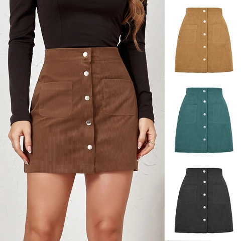 Gonna Mini in Velluto a Coste a Vita Alta da Donna Monopetto a Linea A Gonna Corta con Tasche Retro Tinta Unita Autunno Inverno