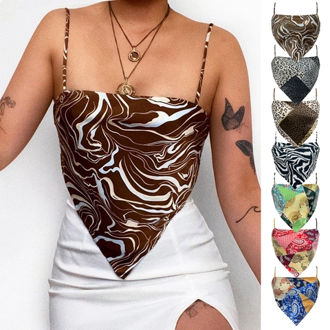 Damen Satin Paisley Leopardenmuster Bandana Cami Top Sexy Spitzer Saum Spaghetti-Träger Rückenfrei Bow Tie Crop Tank Top