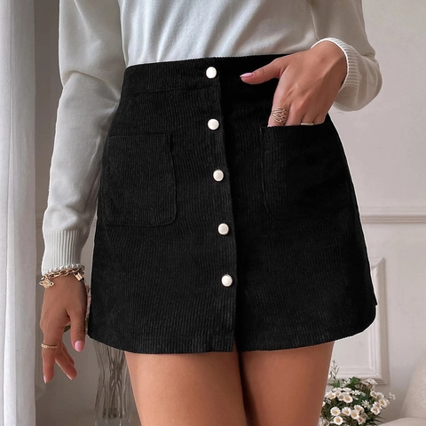 Gonna Mini in Velluto a Coste a Vita Alta da Donna Monopetto a Linea A Gonna Corta con Tasche Retro Tinta Unita Autunno Inverno