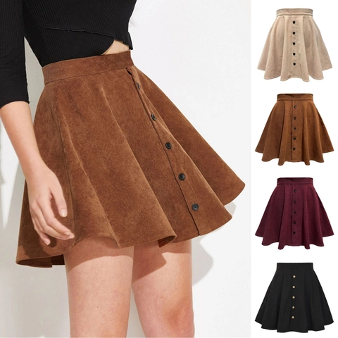 Women High Waist Corduroy A-Line Mini Skirt Single Breasted Front Buttons Autumn Winter Solid Color Leopard Print Short Skirt