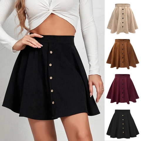 Women High Waist Corduroy A-Line Mini Skirt Single Breasted Front Buttons Autumn Winter Solid Color Leopard Print Short Skirt