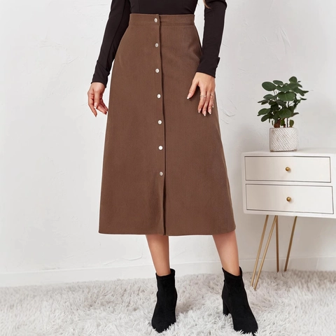 Gonna Midi a Trapezio in Velluto a Coste Retro da Donna a Vita Alta Monopetto Tinta Unita Casual Autunno Inverno Moda Gonna