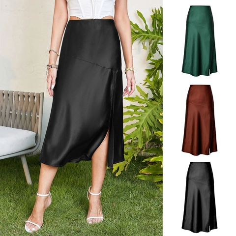 Falda Midi de Satén Brillante de Cintura Alta para Mujer Sexy Abertura Lateral Línea A Sedosa Color Sólido Fiesta Vacaciones Elegante