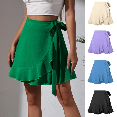 Gonna a Portafoglio da Donna a Vita Alta con Allacciatura Tinta Unita Mini Gonna con Volant Chiffon Texturizzato Estate Spiaggia