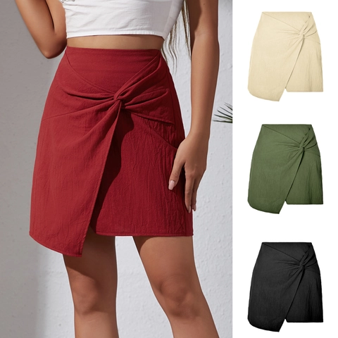 Falda Mini de Cintura Alta para Mujer Mezcla de Algodón Nudo Retorcido Dobladillo Asimétrico Color Sólido Falda Cruzada