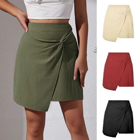 Falda Mini de Cintura Alta para Mujer Mezcla de Algodón Nudo Retorcido Dobladillo Asimétrico Color Sólido Falda Cruzada