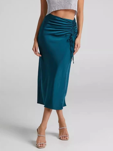 Women Sexy Satin Ruched Midi Skirt High Waist Drawstring Elegant Silky Solid Color Bodycon Skirts For Summer Party