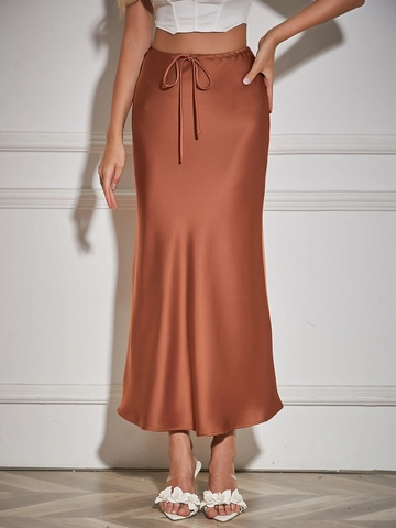 Jupe Maxi en Satin à Taille Haute pour Femmes Élégante Coupe en A Couleur Unie Cordon de Serrage Longue Jupe Fluide pour Navette Fête
