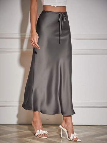 Jupe Maxi en Satin à Taille Haute pour Femmes Élégante Coupe en A Couleur Unie Cordon de Serrage Longue Jupe Fluide pour Navette Fête
