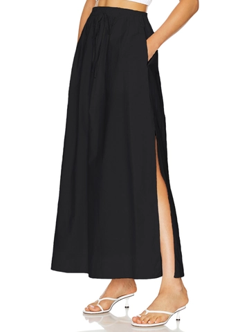 Damen Baumwolle Maxi Rock Hohe Taille Mit Taschen Kordelzug Seitenschlitz A-Linie Lässiger Langer Rock Für Den Alltag Urlaub Weich Bequem