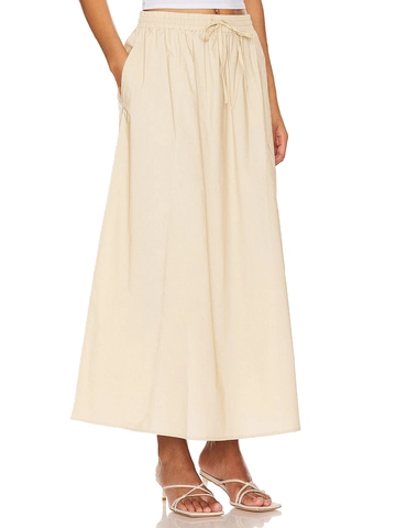Damen Baumwolle Maxi Rock Hohe Taille Mit Taschen Kordelzug Seitenschlitz A-Linie Lässiger Langer Rock Für Den Alltag Urlaub Weich Bequem