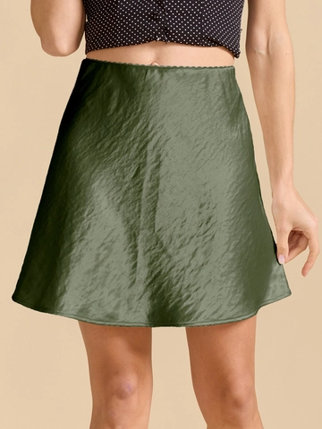 Women's High Waist Satin A-Line Mini Skirt With Elastic Waist Wave Lace Edge Elegant Solid Color Silk Texture Short Skirt