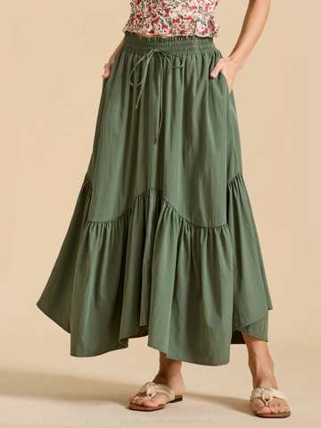 Women High Waist Elastic Tiered Maxi Skirt Vintage Bohemian A-Line Flowy Long Skirt with Pockets Drawstring Vacation Skirts