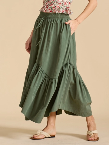 Women High Waist Elastic Tiered Maxi Skirt Vintage Bohemian A-Line Flowy Long Skirt with Pockets Drawstring Vacation Skirts